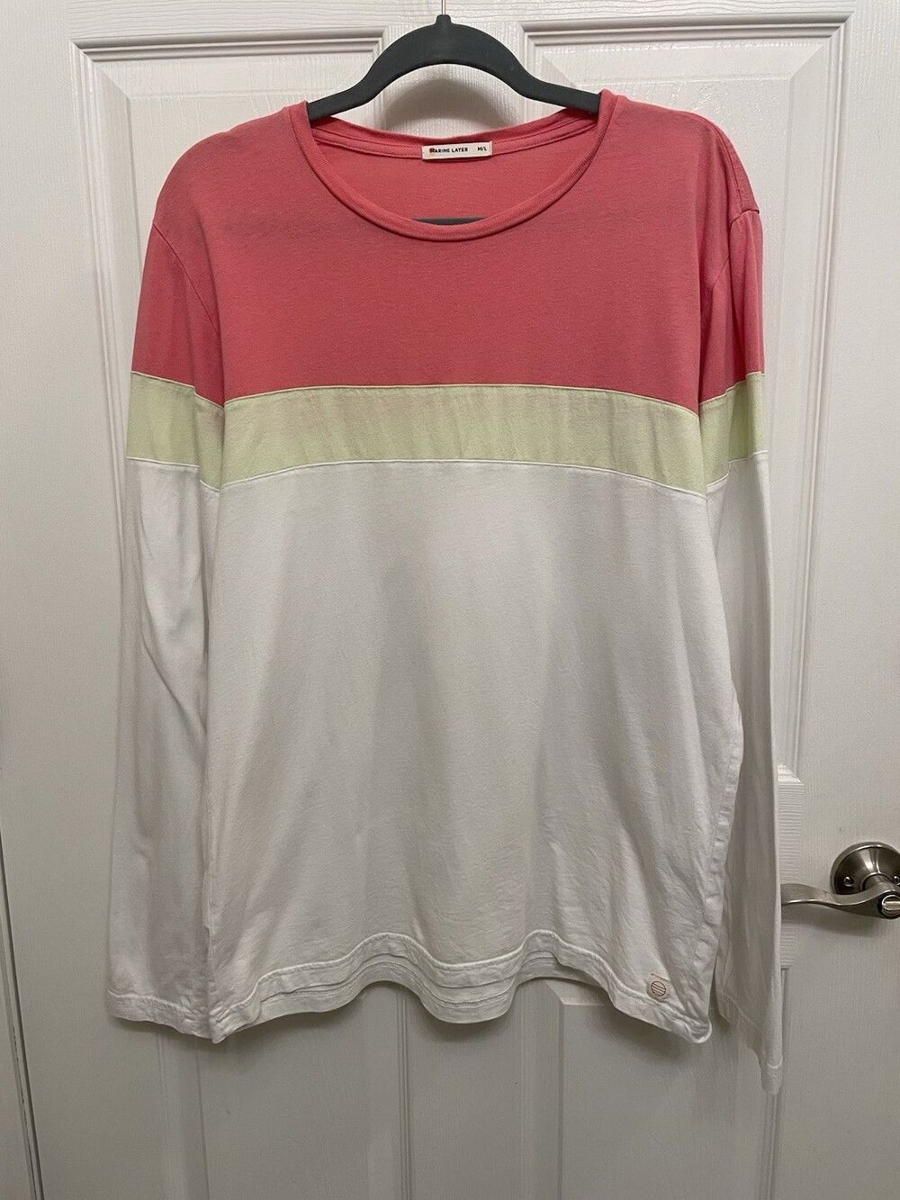 Marine Layer Mens M/L Jacob Long Sleeve Crew Tee Shirt White Lime Peach